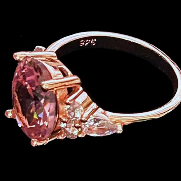 Cocktail Dinner Ring Inlaid Pink Crystal Zircon Rose Golden 925 Silver Plate - Picture 4 of 11